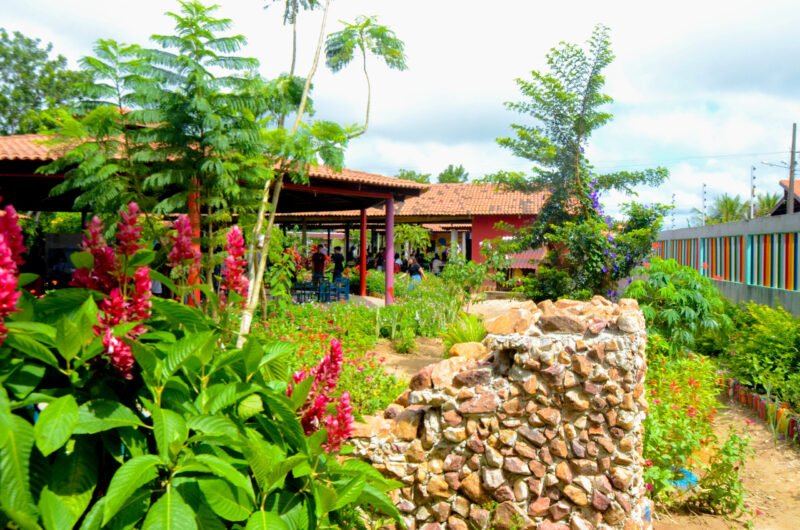 Paisagismo pedagógico na Escola dos Sonhos Jardins floridos com muro de pedras e pavilhões escolares integrados ao verde na Escola dos Sonhos, em Bananeiras-PB. Foto: Sérgio Melo