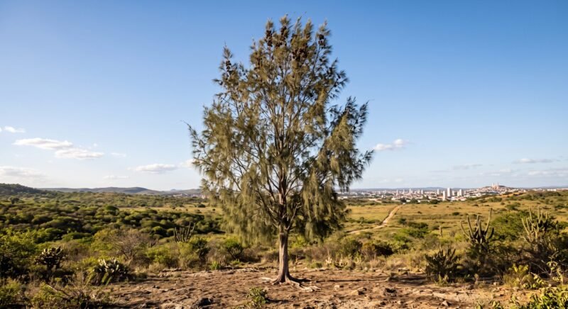 Uma árvore Casuarina solitária e imponente no centro da paisagem rústica do sertão paraibano.