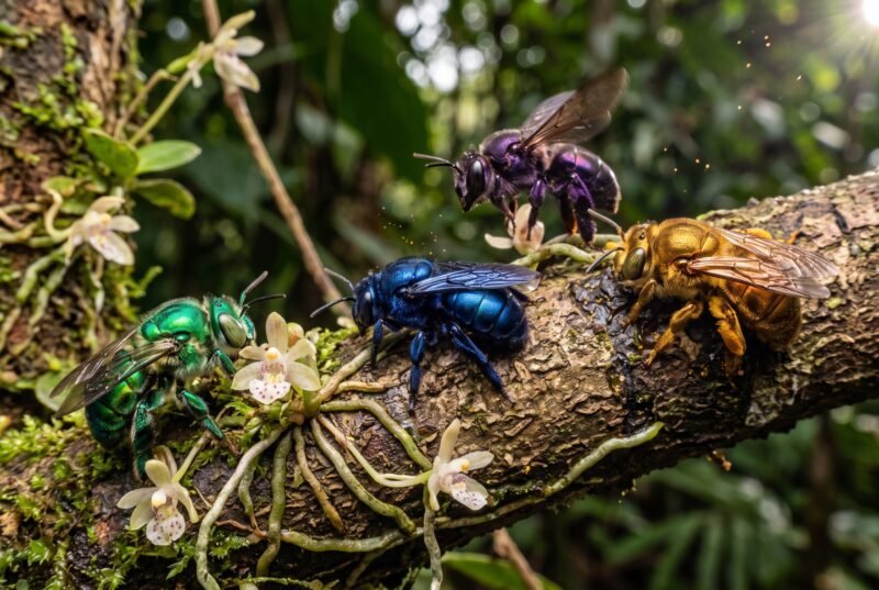 Exemplares da tribo Euglossini exibem suas carapaças metálicas em tons de verde, azul, roxo e dourado. Mais do que belas, essas abelhas solitárias são bioindicadoras cruciais para a saúde das nossas matas e essenciais para a polinização de orquídeas nativas.